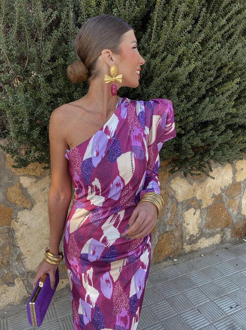 Yllana - Lila Puff-Ein-Schulter-Midi-Kleid
